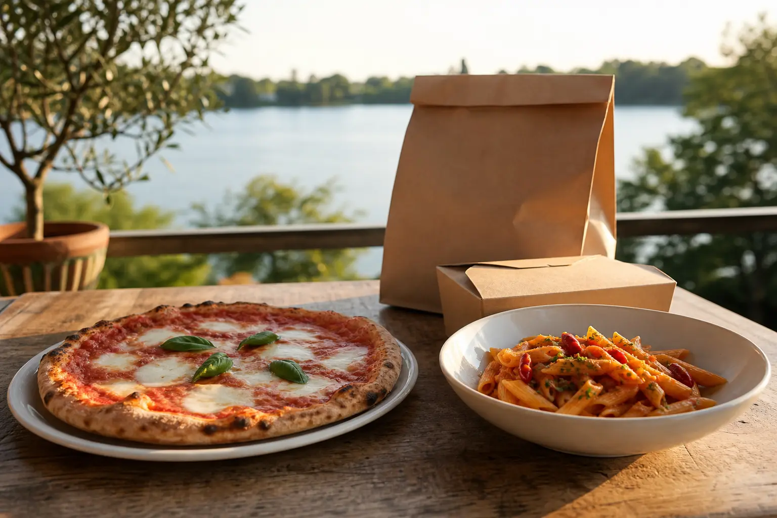 Italienische Gerichte an einem Tisch am See.